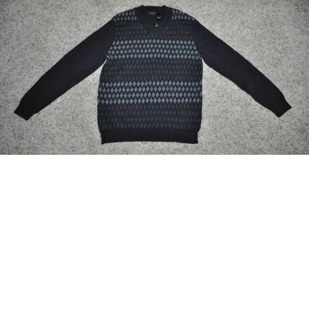 Mens Sweater Black Gray Diamond Small Long Sleeve V-Neck Cotton Axcess